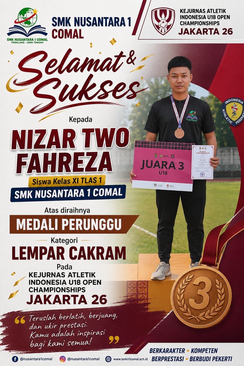 SMK Nusantara 1 Comal Sabet Perunggu Kejurnas Atletik di Jakarta